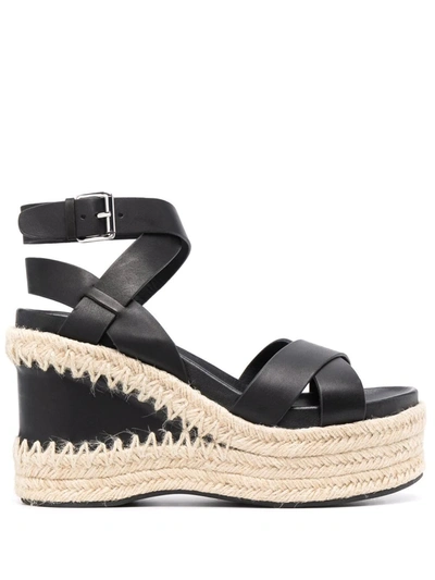 Ash Raffia-wedge Leather Sandals In Black