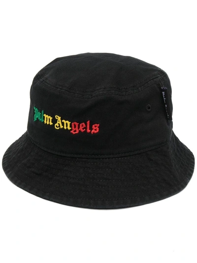 Palm Angels Miami Logo Cotton Canvas Bucket Hat In Black Multicolor