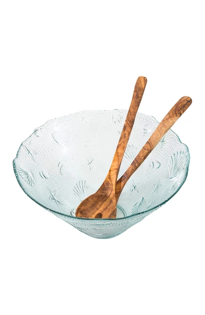 French Home Recycled Clear Glass 12"w X 6"h, Coastal Salad Bowl & Olive Wood Servers