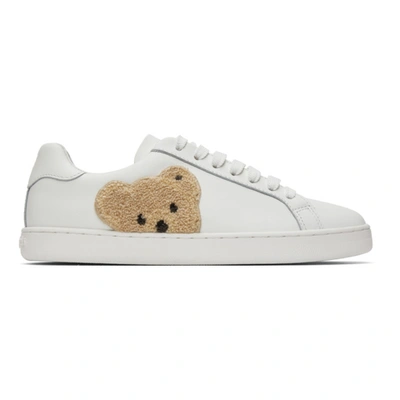 Palm Angels Teddy Embroidered Leather Sneakers In White Brown