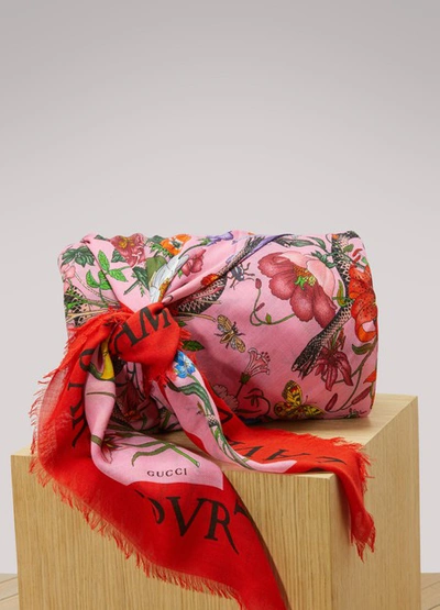 Gucci Flora Snake Print Wool Silk Shawl In Roseate/red