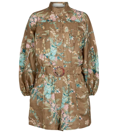 Zimmermann Cassia Floral-print Belted Linen Playsuit In Brown Floral