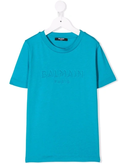 Balmain Embossed-logo Cotton T-shirt In Blue