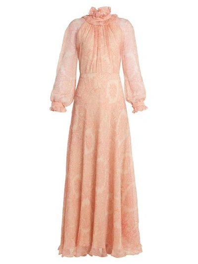 Vilshenko Ennafa Floral-print Silk-chiffon Gown In Peach-pink