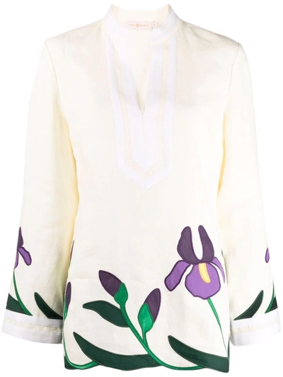 Tory Burch Iris Embroidered Appliquéd Linen Tunic In White