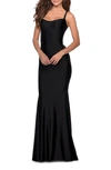 La Femme Dramatic Lace Up Back Form Fitting Dress In Black