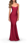 La Femme Lace Up Back Jersey Mermaid Gown In Burgundy