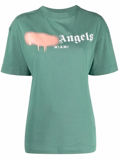 Palm Angels Woman Pastel Green And Powder Pink Miami Logo Spray T-shirt