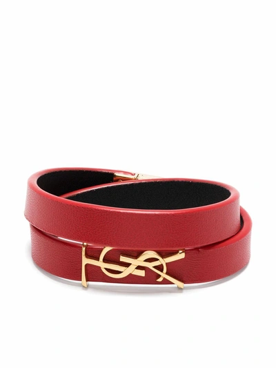 Saint Laurent Leather And Gold-tone Bracelet In Rouge