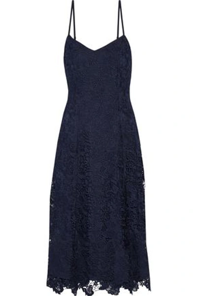 Alice And Olivia Luna Sleeveless Side-slit Cocktail Slip Dress W/ Lace, Blue/black In Midnight Blue