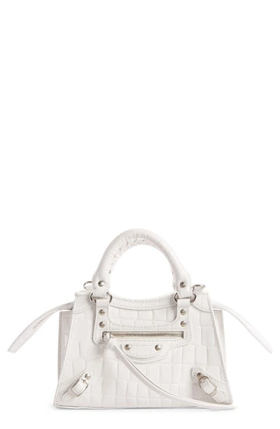 Balenciaga Neo Classic Mini Shiny Croc Embossed Crossbody Satchel In White