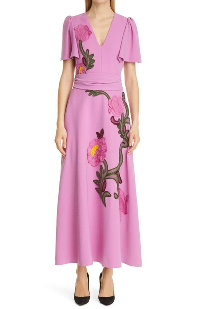 Lela Rose Floral-embroidered Fluid Crepe Midi Dress In Lilac