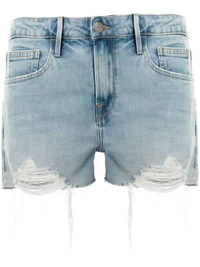 Frame Le Grand Garcon Raw Frayed Cutoff Denim Shorts In Bathe In Light Blue