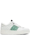 Jimmy Choo Hawaii Glittered Laser-cut Leather Sneakers In V White/miami Mint