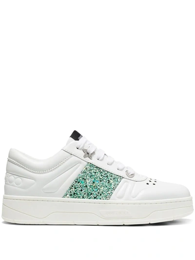 Jimmy Choo Hawaii Glittered Laser-cut Leather Sneakers In V White/miami Mint
