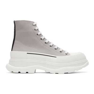 Alexander Mcqueen Tread Slick Ankle Boots In Cotton Canvas In Grey