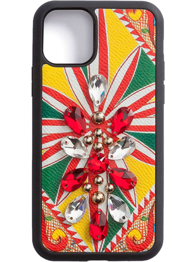 Dolce & Gabbana Iphone 11 Pro Cover In Carretto-print Dauphine Calfskin With Embroidery In Multicolor
