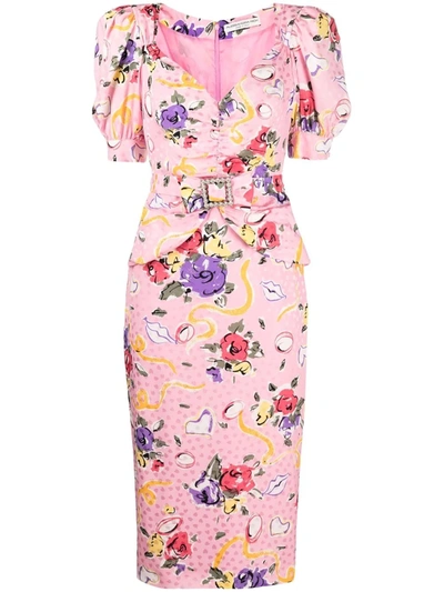 Alessandra Rich Floral-print Silk Midi Dress In Pink