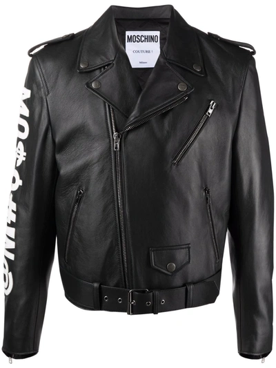 Moschino Logo Embroidered Leather Biker Jacket In Black
