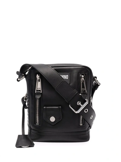Moschino Men's Multi-zip Leather Crossbody Shoulder Bag In Black