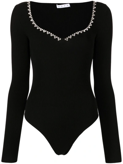 Area Ribbed Knit Embellished Bodysuit In Black