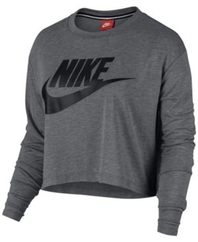 Nike Sportswear Essential Long Sleeve Cropped Top In Carbon Heather/black