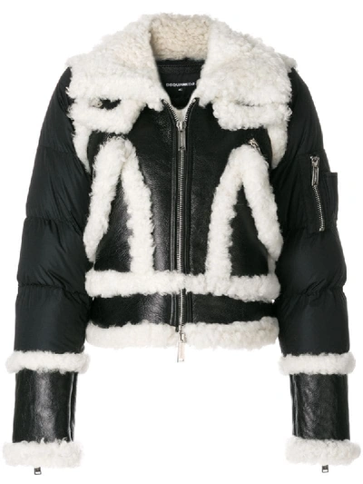 Dsquared2 Leather And Shearling Inserts Nylon Down Jacket In Nero
