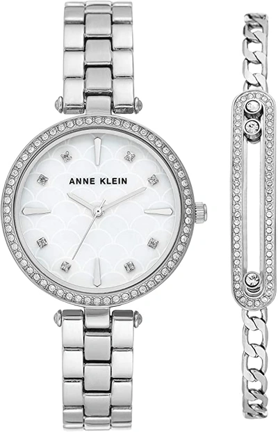 Anne Klein Quartz Crystal White Mother Of Pearl Dial Ladies Watch And Bracelet Set Ak/3559svst In Mother Of Pearl,silver Tone,white