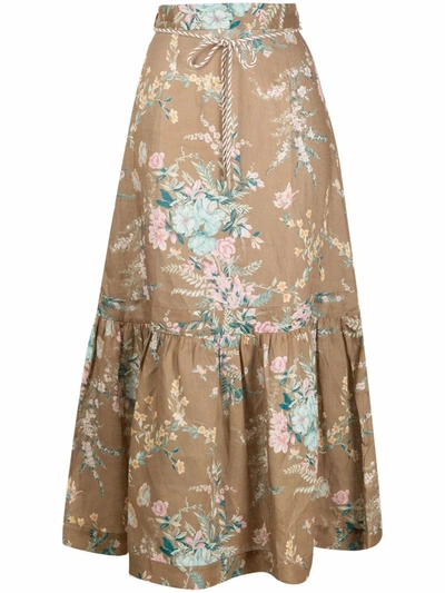 Zimmermann Cassia Frill-hem Midi Skirt In Brown Floral
