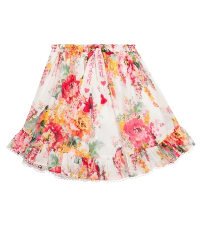 Zimmermann Kids' Mae Flounce Floral Cotton Skirt In 白色