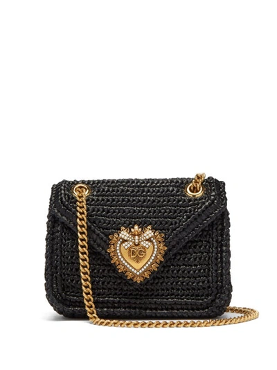 Dolce & Gabbana Devotion Crocheted Faux-raffia Mini Shoulder Bag In Black