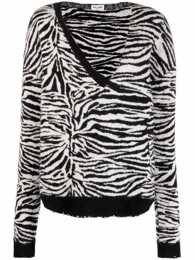 Saint Laurent Zebra-pattern Ripped Jumper In Black/natural