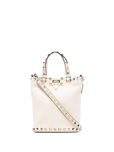 Valentino Garavani White Rockstud Leather Bucket Bag In Light Ivory