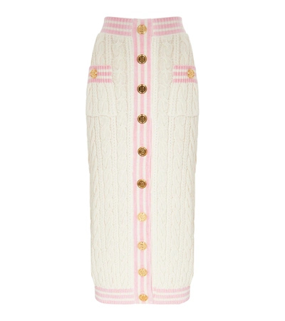 Balmain Pink And White Midi Cable-knit Skirt With Gold-tone Buttons In Gbf  Ecru,rose | ModeSens