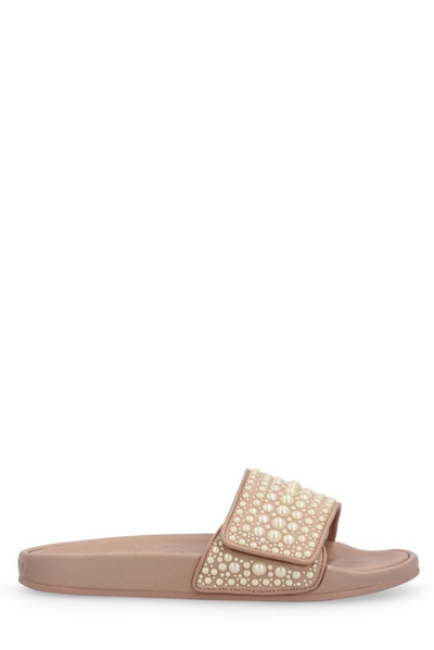 Jimmy Choo Fitz Faux-pearl Embellished Canvas Slides In Pink