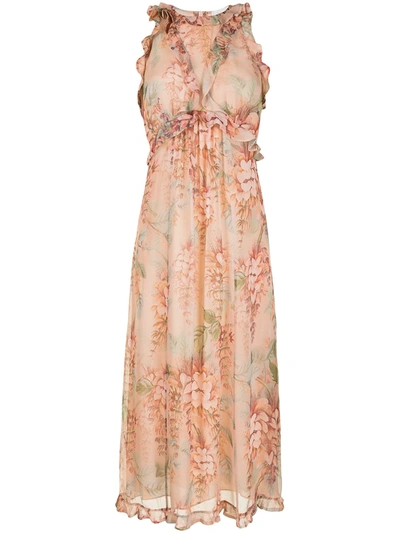 Zimmermann Candescent Waterfall Floral-print Silk-georgette Midi Dress In Rosso