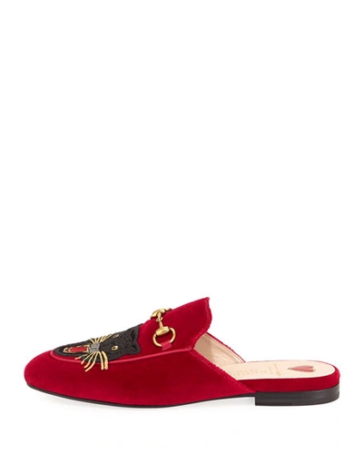 Gucci Princetown Velvet Angry Cat Mule In Raspberry