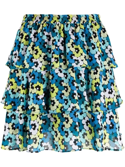 Michael Michael Kors Tiered Floral-print Crepe Mini Skirt In Blau
