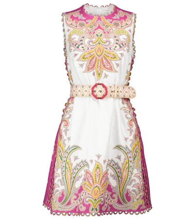 Zimmermann Teddy Belted Paisley-print Linen Mini Dress In Pink