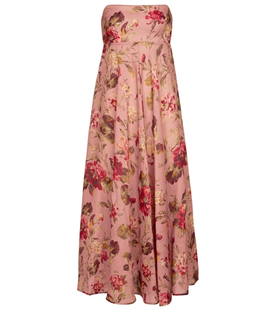 Zimmermann Cassia Strapless Floral-print Linen Dress In Pink