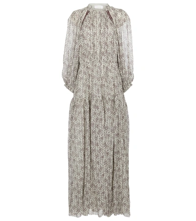 Chloé White Printed Bohemian Style Flounced Long Dress In Pearly Grey