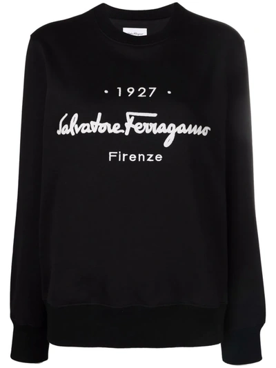 Salvatore Ferragamo Logo Cotton Jersey Crewneck Sweatshirt In Black