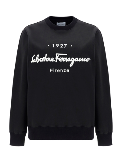 Ferragamo Logo Cotton Jersey Crewneck Sweatshirt In Black