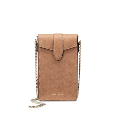 Smythson Panama Cross-grain Leather Phone Case On Chain In Light Rosewood