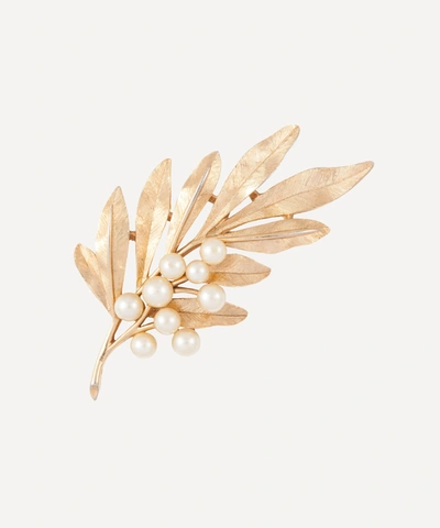 Susan Caplan Vintage Gold-plated 1960s Trifari Faux Pearl Leafy Branch Brooch