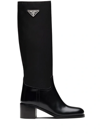 Prada Logo Plaque-detail Panelled Boots In Black