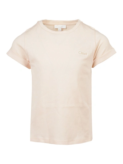 Chloé Kids' Cotton T-shirt With Logo Embroidery In Beige In Nude And Neutrals