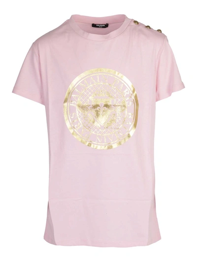 Balmain Kids' Laminated Logo Print T-shirt In Pink