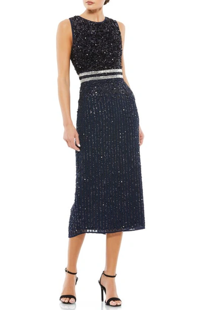 Mac Duggal Sequin High-neck Column Midi Dress In Navy Blue