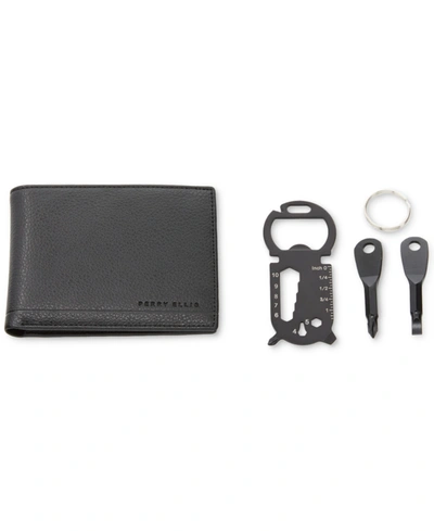 Perry Ellis Portfolio Men's Pebble Wallet & Keychain Tools In Black